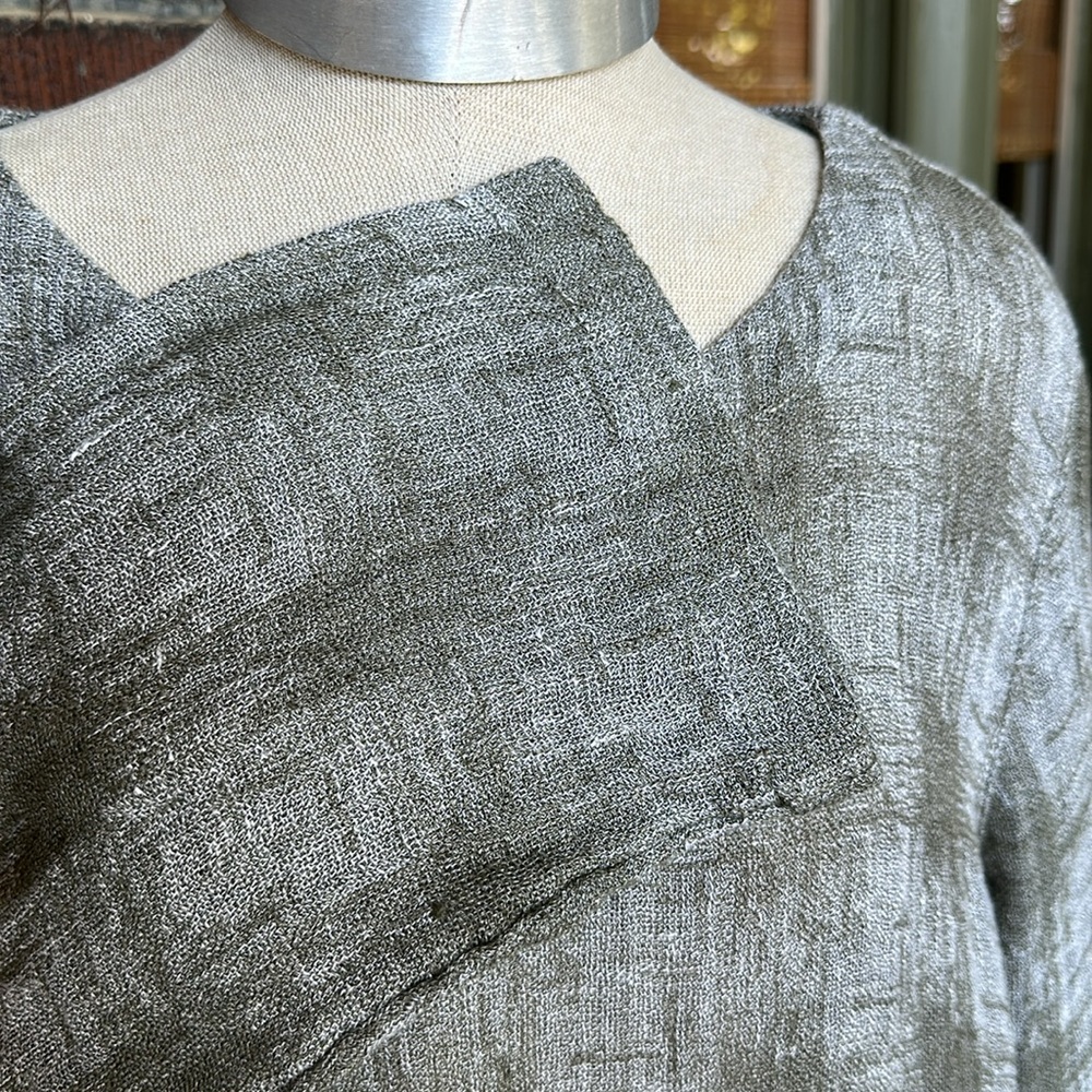 J Jill/Pure Jill olive green/cream textured linen split neck kimono top. Sz L - Picture 5 of 8